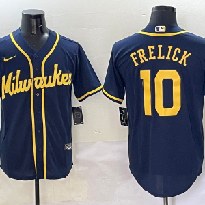Men's Milwaukee Brewers #10 Sal Frelick Navy Cool Base Stitched Jersey