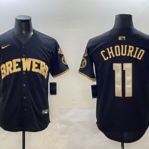 Men's Milwaukee Brewers #11 Jackson Chourio Black/Gold With Home Patch Limited Stitched Jersey