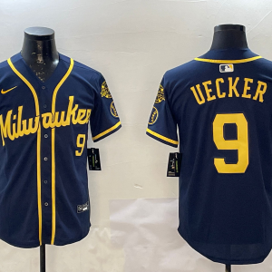 Men's Milwaukee Brewers #9 Bob Uecker Navy With Home Patch Limited Stitched Jersey