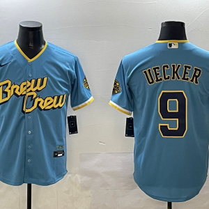 Men's Milwaukee Brewers #9 Bob Uecker Powder Blue City Connect With Patch Jersey