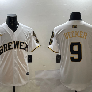 Men's Milwaukee Brewers #9 Bob Uecker White/Gold With Home Patch Limited Stitched Jersey