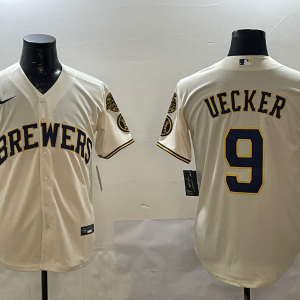 Men's Milwaukee Brewers #9 Bob Uecker Cream With Home Patch Stitched Baseball Jersey