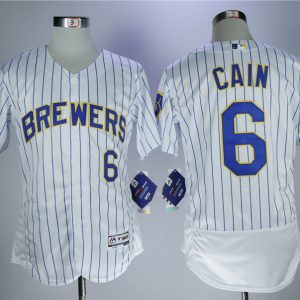 MLB Milwaukee Brewers #6 Cain White Elite Jersey
