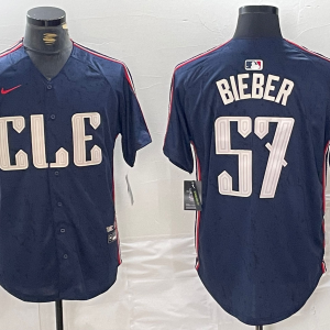 Men's Cleveland Guardians #57 Shane Bieber Navy 2024 City Connect Limited Stitched Jersey