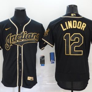MLB Cleveland Indians #12 Francisco Lindor Black Golden Flex Base Elite Jersey