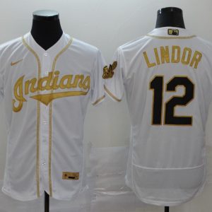 MLB Cleveland Indians #12 Francisco Lindor 2020 White Golden Flex Base Stitched Jersey