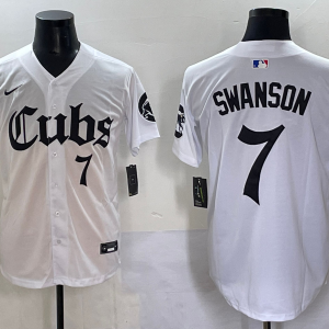 Men's Chicago Cubs #7 Dansby Swanson White Gothic Style With Fernando Jersey