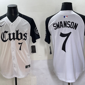 Men's Chicago Cubs #7 Dansby Swanson White Gothic Style With Fernando Jersey