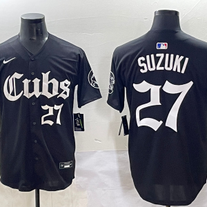 Men's Chicago Cubs #27 Seiya Suzuki Black Gothic Style With Fernando Jersey