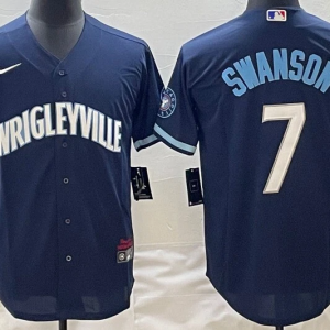 Men's Chicago Cubs #7 Dansby Swanson Navy City Connect Cool Base Stitched Jersey
