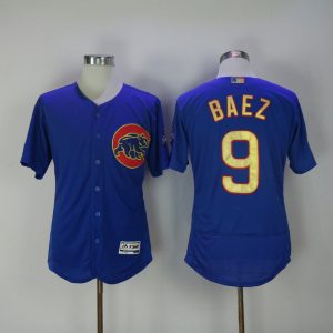 MLB Majestic Chicago Cubs #9 Baez Royal Blue World Series Champions Gold Elite Jersey