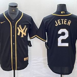 Men's New York Yankees #2 Derek Jeter Black Gold Cool Base Stitched Baseball Jersey