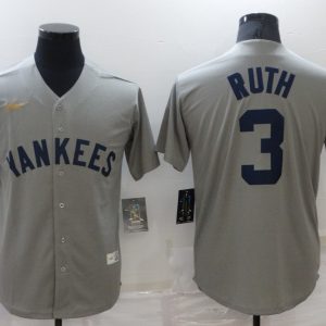 MLB New York Yankees #3 Ruth Grey Throwback Game Jersey