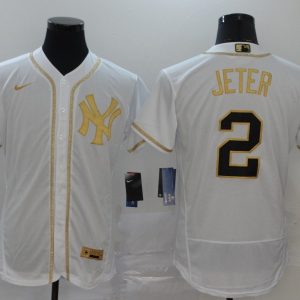 Men's New York Yankees #2 Derek Jeter White Golden Flex Base Elite Jersey