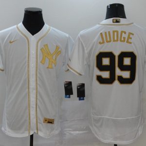 Men's New York Yankees #99 Aaron Judge White Golden Flex Base Elite Jersey