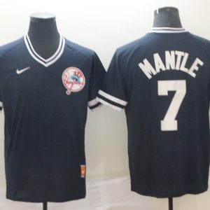 MLB New York Yankees #7 Mantle Navy Blue Thowback Mens Jersey