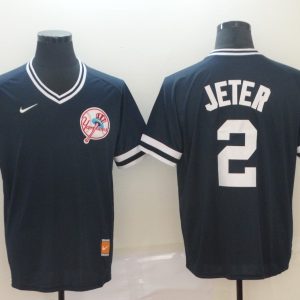 MLB New York Yankees #2 Jeter Navy Blue Thowback Mens Jersey