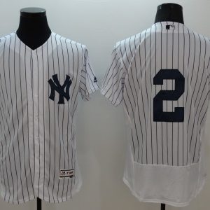 Majestic MLB New York Yankees #2 Jeter White Elite Pinstripe Jersey