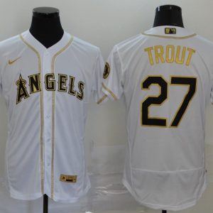 MLB Los Angeles Angels #27 Trout  2020 White Golden Flex Base Stitched Jersey