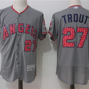 MLB Los Angeles Angels #27 Trout Independence Day Stars & Stripes Elite Grey Jersey