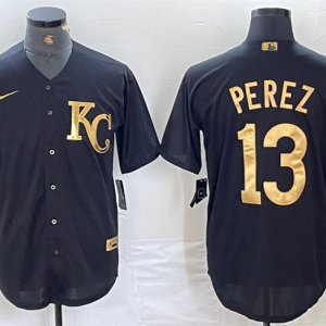 Men's Kansas City Royals #13 Salvador Perez Black Cool Base Stitched Jersey