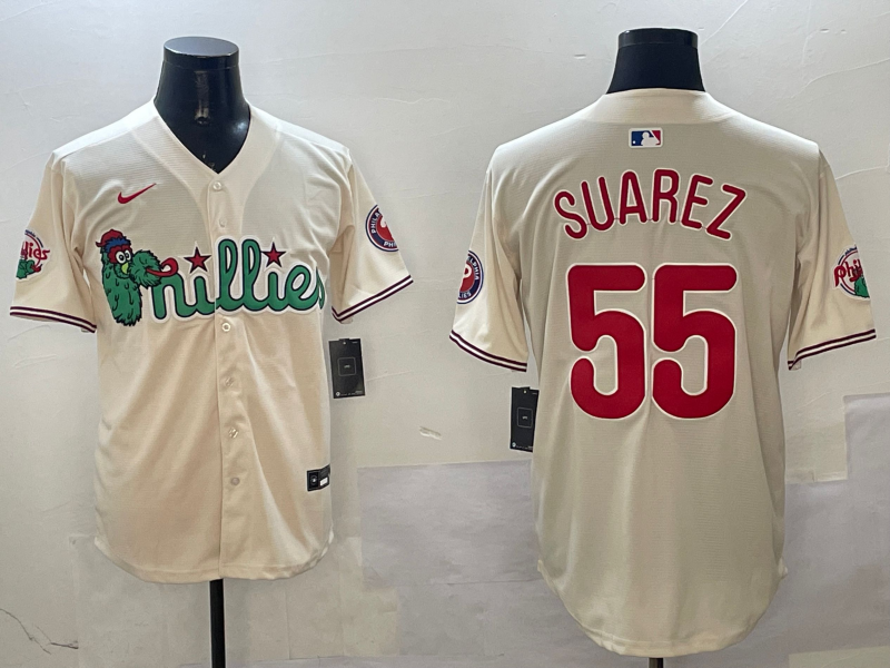 Men's Philadelphia Phillies #55 Ranger Su??rez Cream Phanatic Limited Stitched Jersey