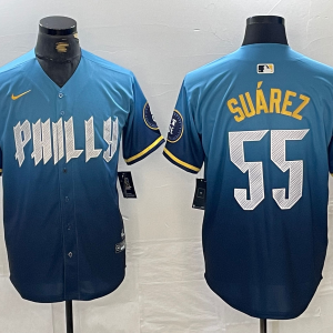 Men's Philadelphia Phillies #55 Su??rez Blue 2024 City Connect Limited Stitched Jersey