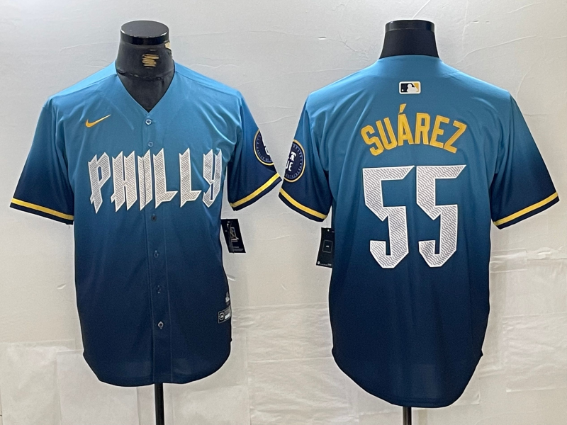 Men's Philadelphia Phillies #55 Su??rez Blue 2024 City Connect Limited Stitched Jersey