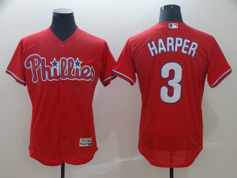 MLB Phillies #3 Bryce Harper Red Flex Base Elite Men Jersey