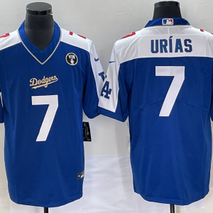 MLB Men's Los Angeles Dodgers #7 Julio Ur??as Blue Vin Scully Patch Jersey