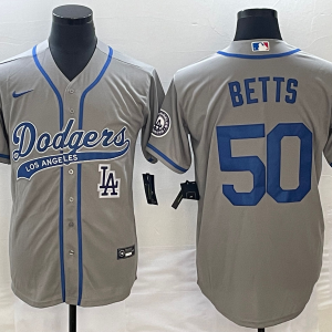 MLB Los Angeles Dodgers #50 Mookie Betts Grey With Patch Cool Base Stitched Baseball Jersey