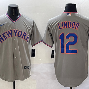 Men's New York Mets #12 Francisco Lindor Grey Stitched Baseball Jersey