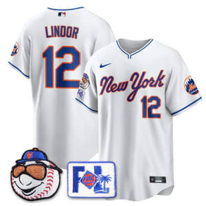 Men's New York Mets #12 Francisco Lindor White 2025 Spring Training Stitched Jersey