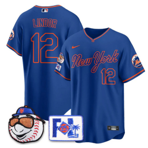 Men's New York Mets #12 Francisco Lindor Blue Road 2025 Spring Training Stitched Jersey