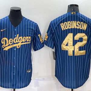 MLB Los Angeles Dodgers #42 Jackie Robinson Navy Gold Jersey