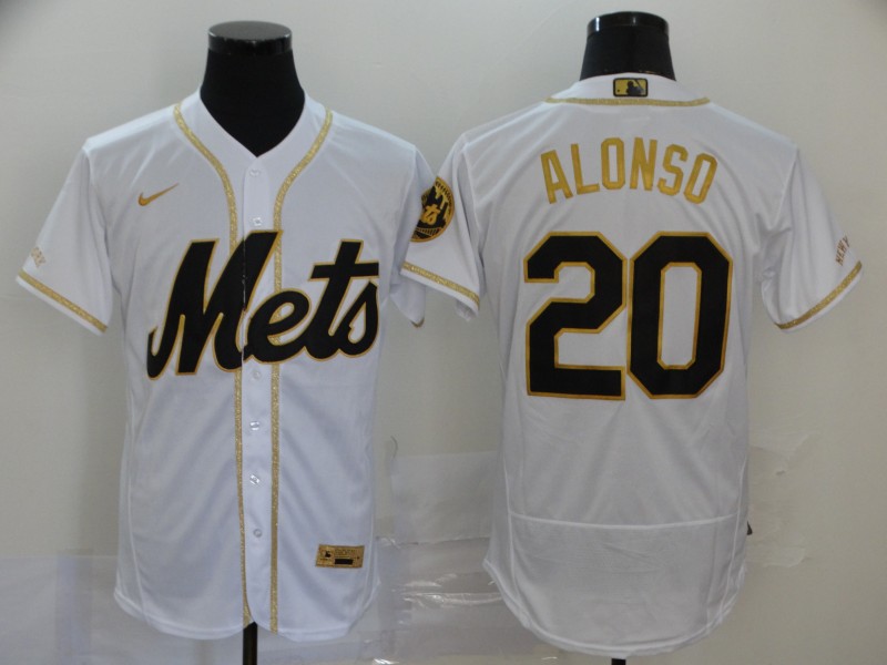 MLB New York Mets #20 Alonso 2020 White Golden Flex Base Stitched Jersey