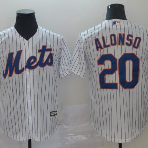 MLB New York Mets #20 Alonso Ceamy White White Blue Strip Jersey