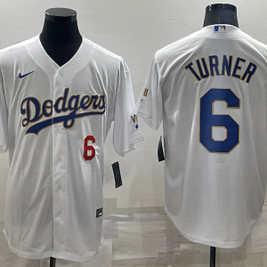 MLB Los Angeles Dodgers #6 Turner White Gold Championship Game Jersey