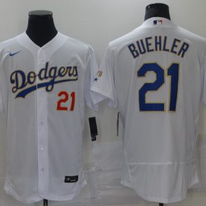 MLB Los Angeles Dodgers #21 Buehler White Gold Championship Flex Base Elite Jersey