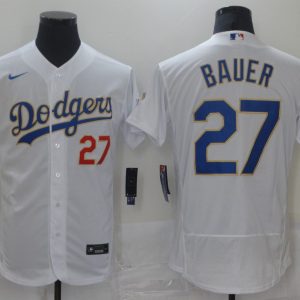 MLB Los Angeles Dodgers #27 Bauer White Gold Championship Flex Base Elite Jersey