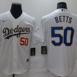 MLB Los Angeles Dodgers #50 Mookie Betts White Gold Game Nike Jersey