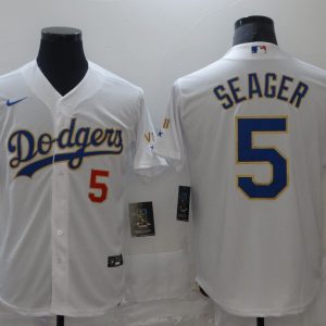 MLB Los Angeles Dodgers #5 Corey Seager White Gold Game Nike Jersey