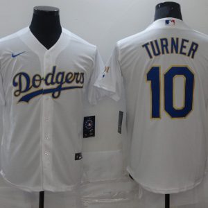 MLB Los Angeles Dodgers #10 Turner White Gold Game Nike Jersey