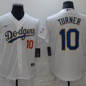 MLB Men's Los Angeles Dodgers #10 Turner White Gold Game Nike Jersey