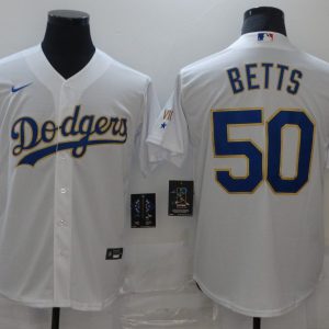 MLB Los Angeles Dodgers #50 Mookie Betts White Gold Game Nike Jersey
