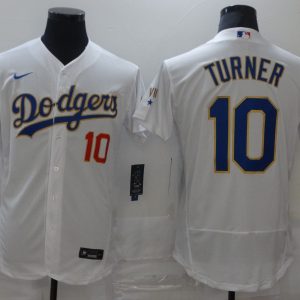 MLB Los Angeles Dodgers #10 Turner White Gold Championship Flex Base Elite Jersey