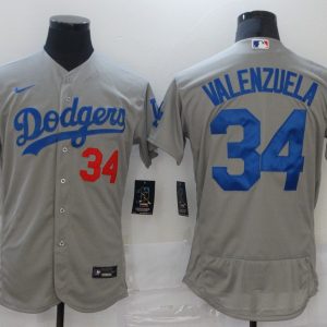 MLB Los Angeles Dodgers #34 Valenzuela Grey Flex Base Elite Jersey