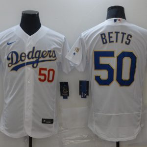 MLB Los Angeles Dodgers #50 Mookie Betts White Gold Championship Flex Base Elite Jersey