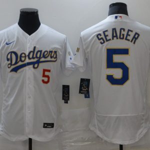 MLB Los Angeles Dodgers #5 Corey Seager White Gold Championship Flex Base Elite Jersey