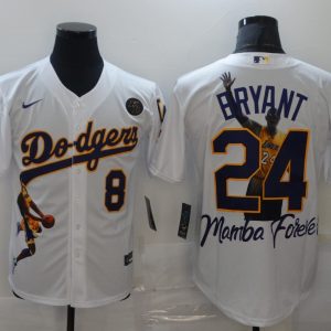 MLB Los Angeles Dodgers Front #8 Back #24 Kobe Bryant White With KB Patch Jersey
